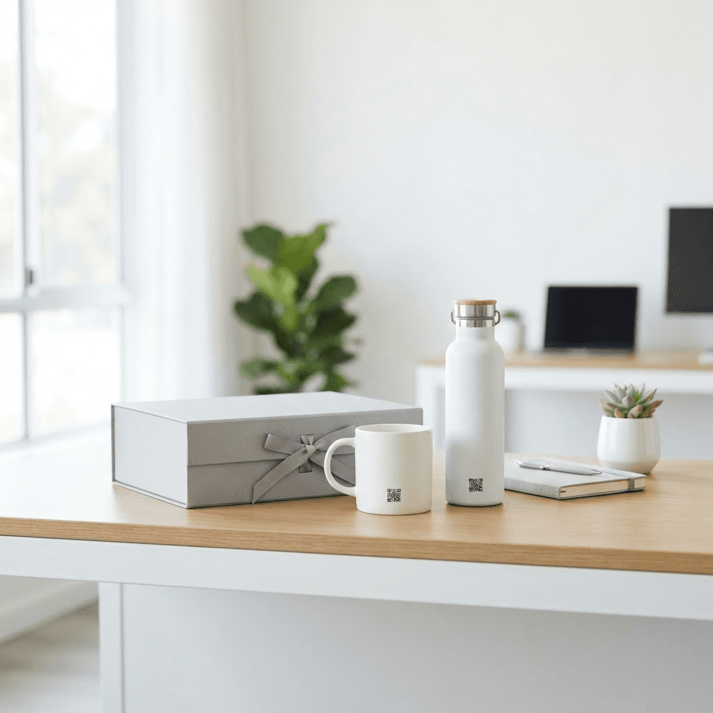Escritorio de oficina blanco con un pack de bienvenida corporativo: caja gris, tazón y botella blancos