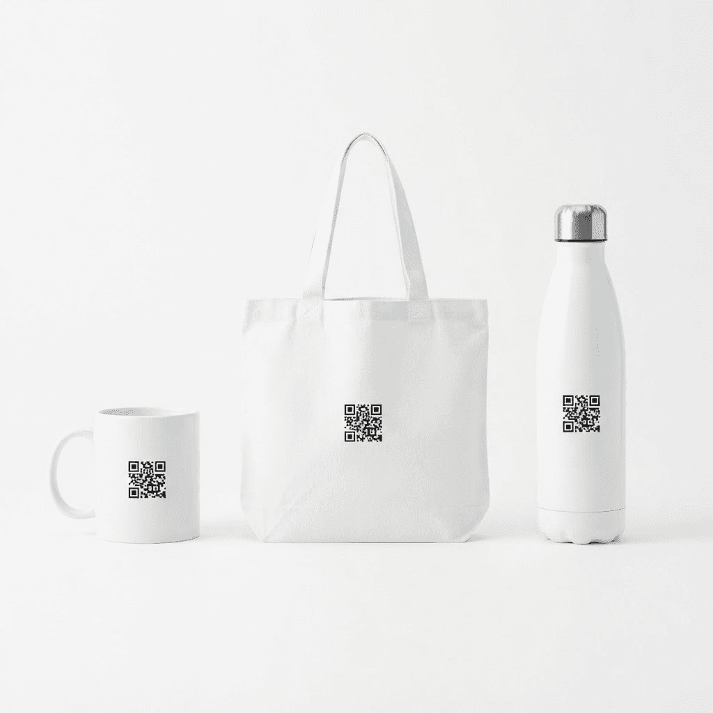 Tazón, bolso y botella blancos personalizados con códigos QR impresos