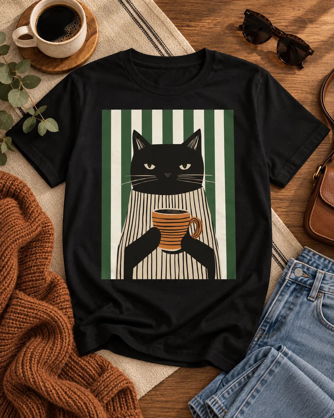 Modelo mujer usando polera blanca Iconic Pets Gato Café Minimalista Mujer con estampado frontal grande