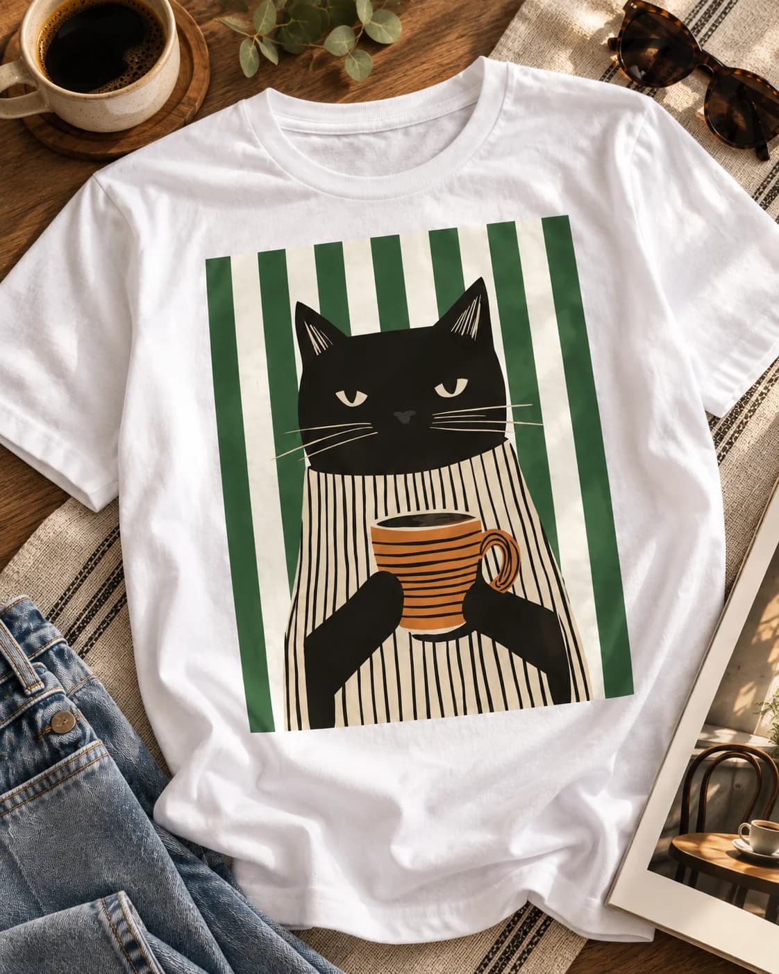 Polera negra Iconic Pets Gato Café Minimalista Mujer con estampado frontal grande en fotografía lifestyle