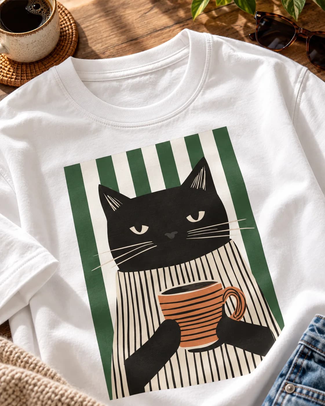 Detalle del estampado frontal Gato Café Minimalista Mujer sobre polera blanca Iconic Pets