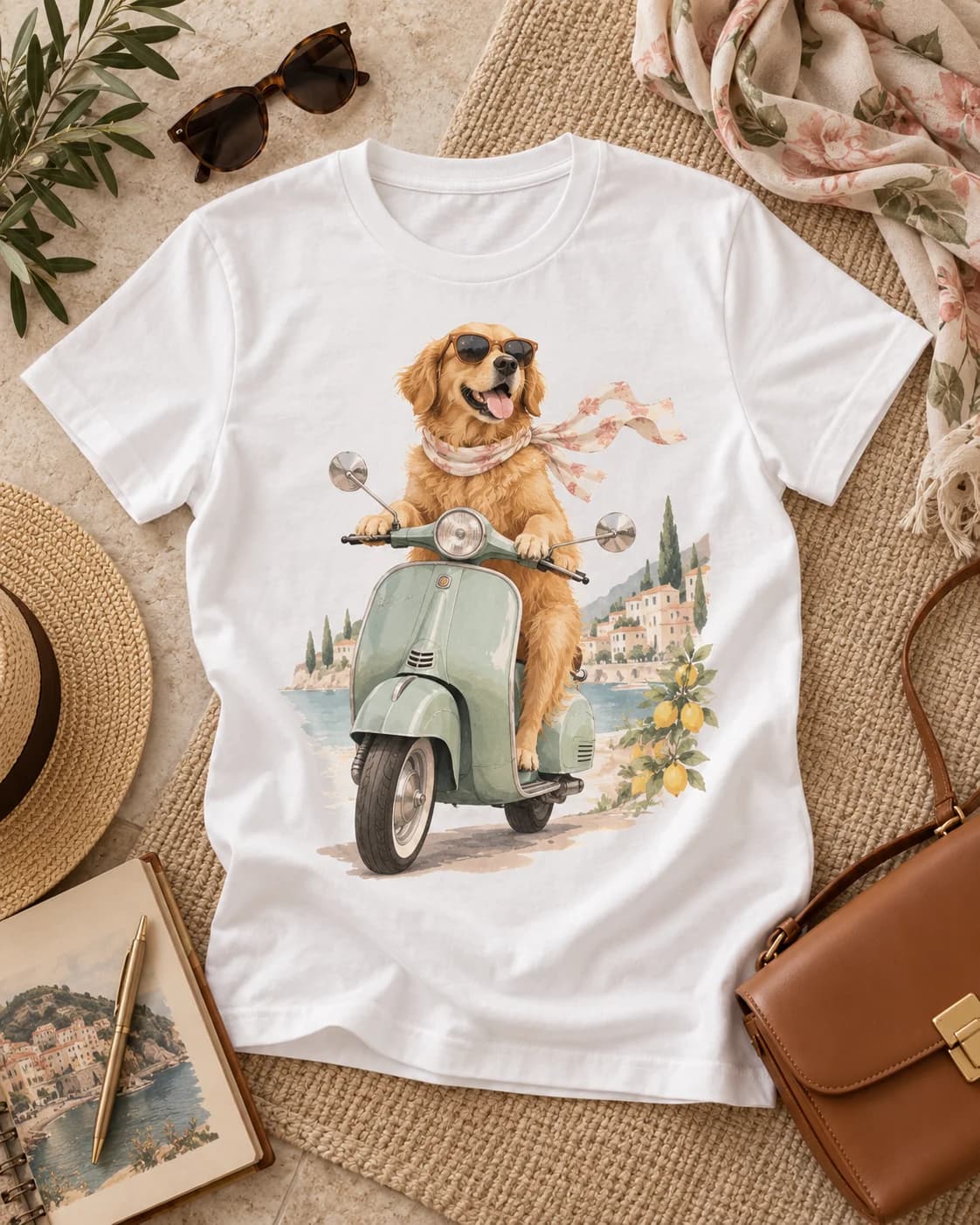 Polera blanca Iconic Pets Galgo en Vespa Mujer con estampado frontal grande en fotografía lifestyle