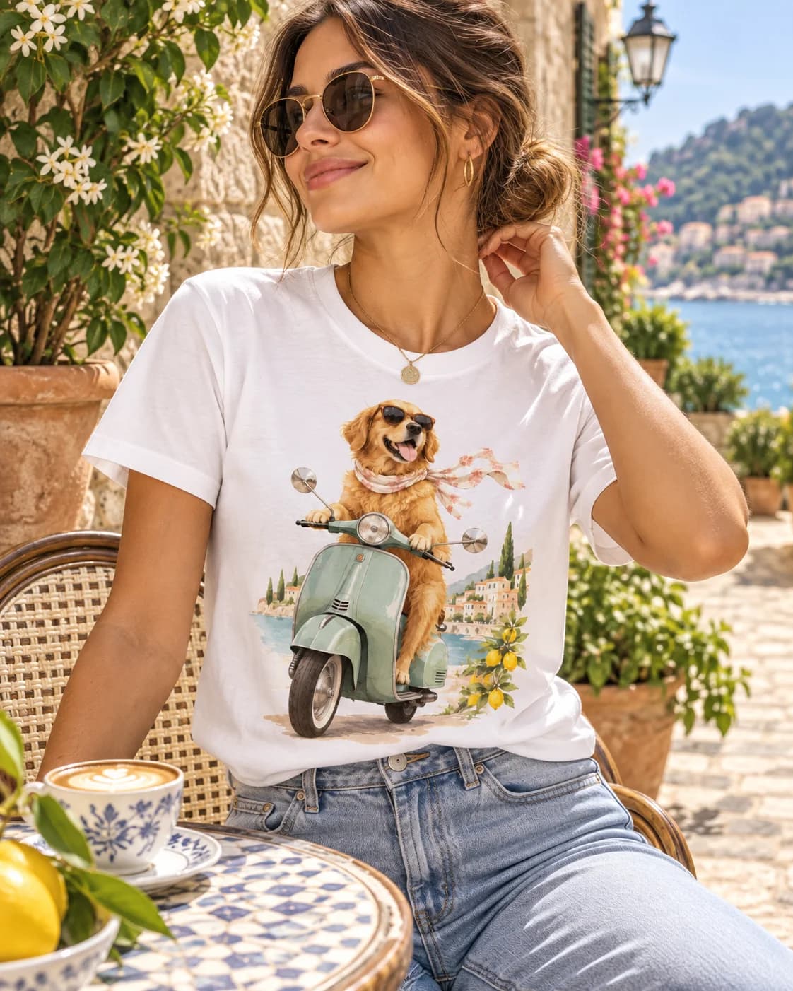 Modelo mujer usando polera blanca Iconic Pets Galgo en Vespa Mujer con estampado frontal grande