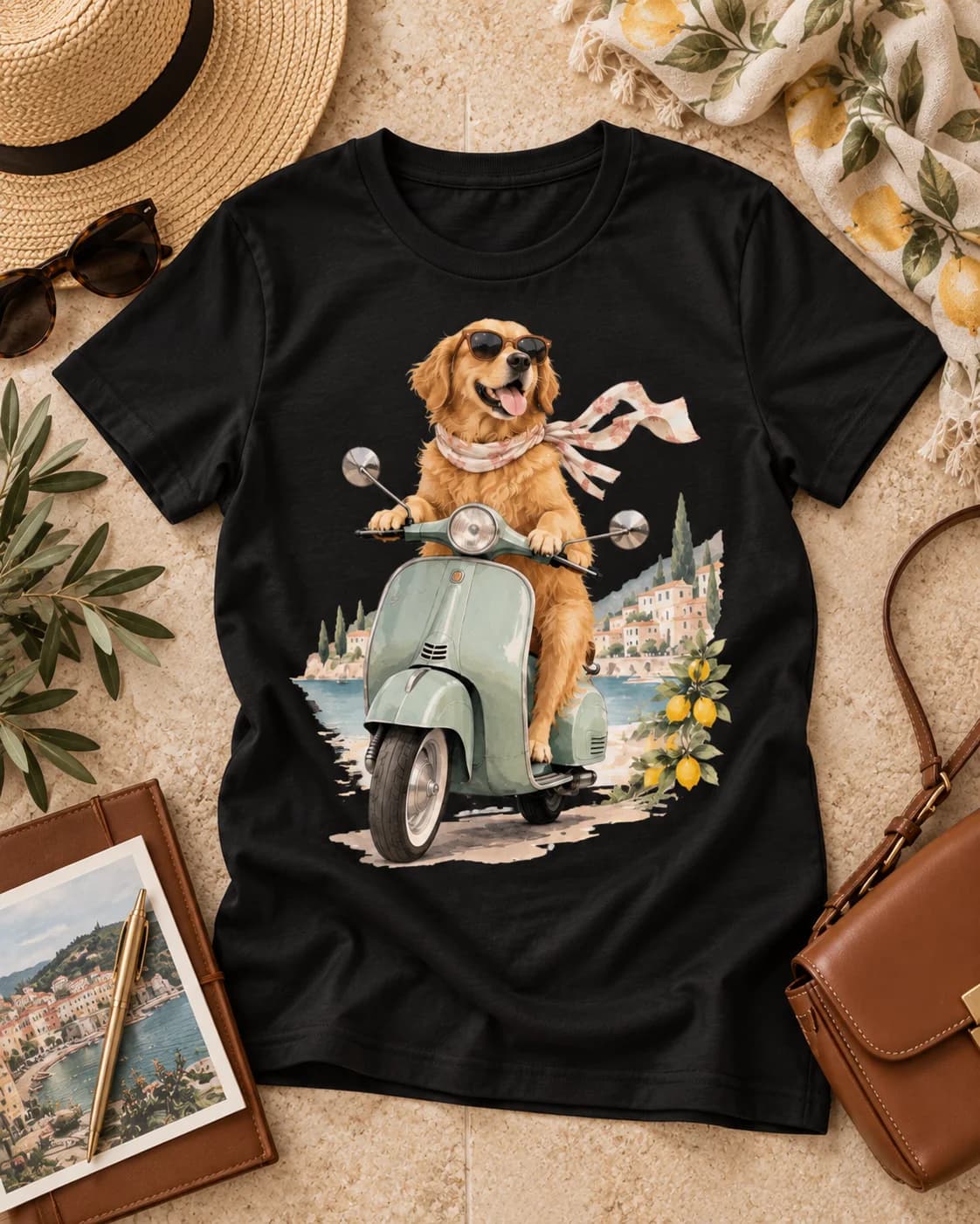 Polera negra Iconic Pets Galgo en Vespa Mujer con estampado frontal grande en fotografía lifestyle