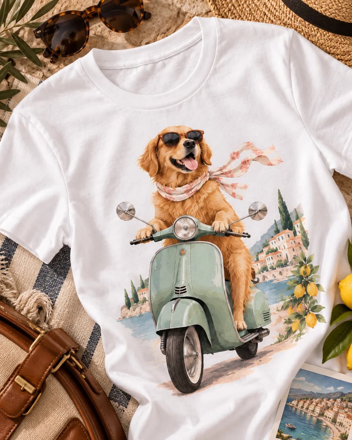 Detalle del estampado frontal Galgo en Vespa Mujer sobre polera blanca Iconic Pets