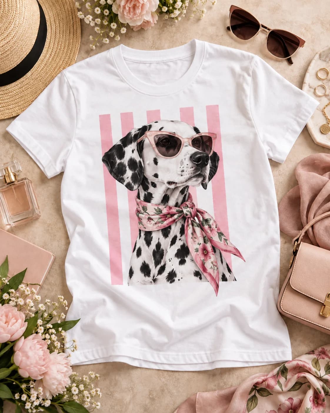 Polera blanca Iconic Pets Dálmata Pañuelo Floral Mujer con estampado frontal grande en fotografía lifestyle