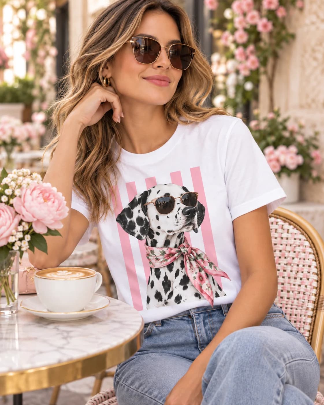 Modelo mujer usando polera blanca Iconic Pets Dálmata Pañuelo Floral Mujer con estampado frontal grande