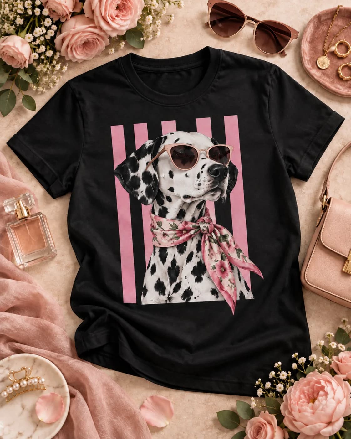 Polera negra Iconic Pets Dálmata Pañuelo Floral Mujer con estampado frontal grande en fotografía lifestyle