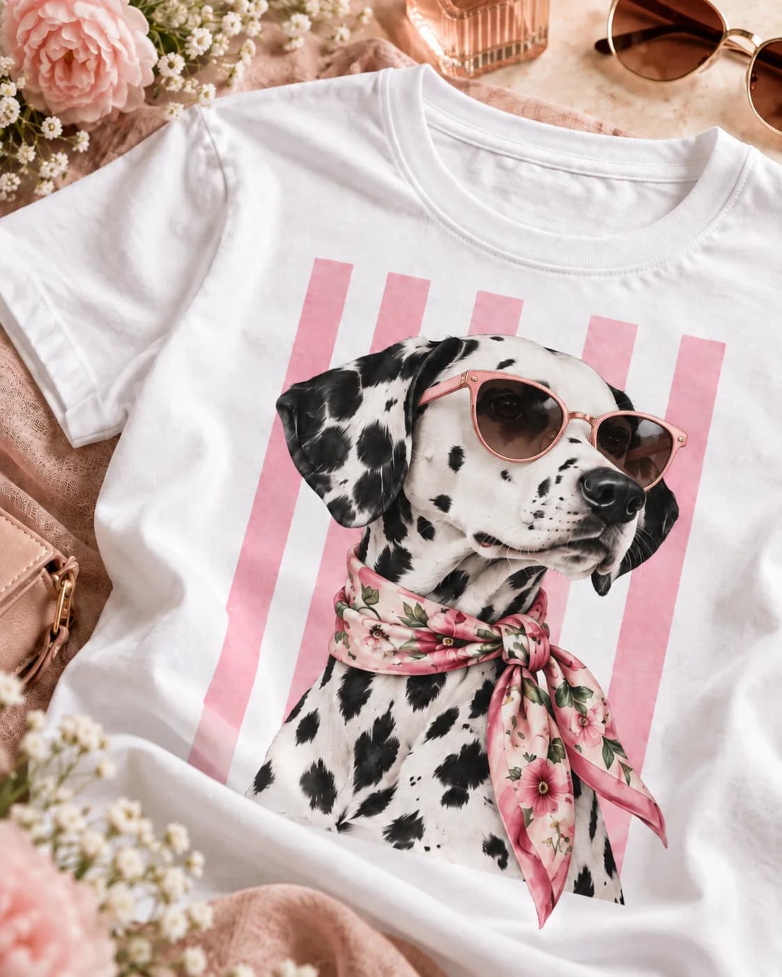 Detalle del estampado frontal Dálmata Pañuelo Floral Mujer sobre polera blanca Iconic Pets