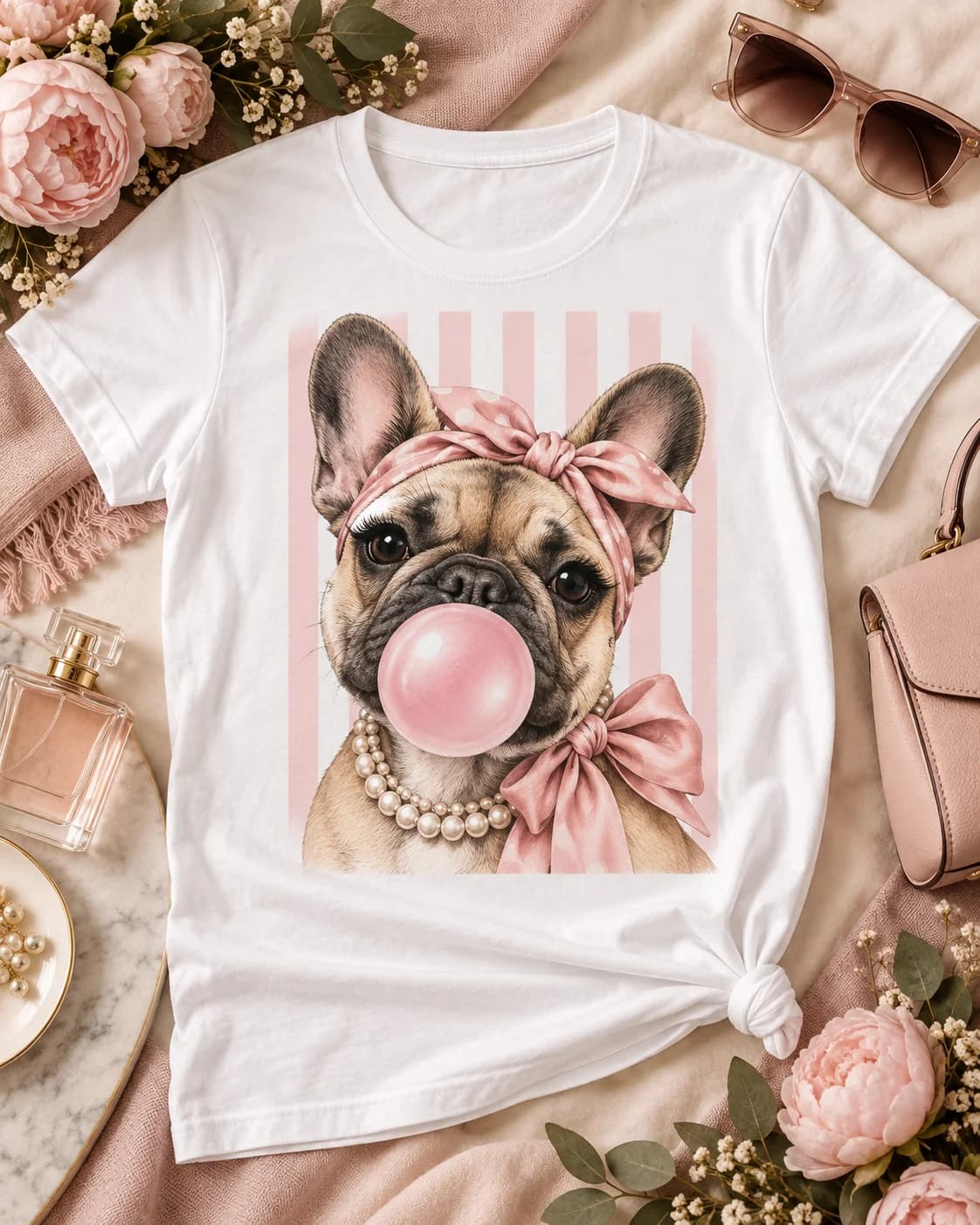 Polera blanca Iconic Pets Bulldog Francés Bubblegum Mujer con estampado frontal grande en fotografía lifestyle