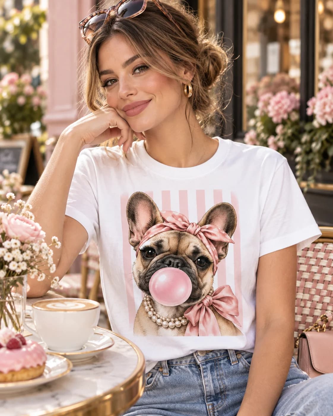 Modelo mujer usando polera blanca Iconic Pets Bulldog Francés Bubblegum Mujer con estampado frontal grande
