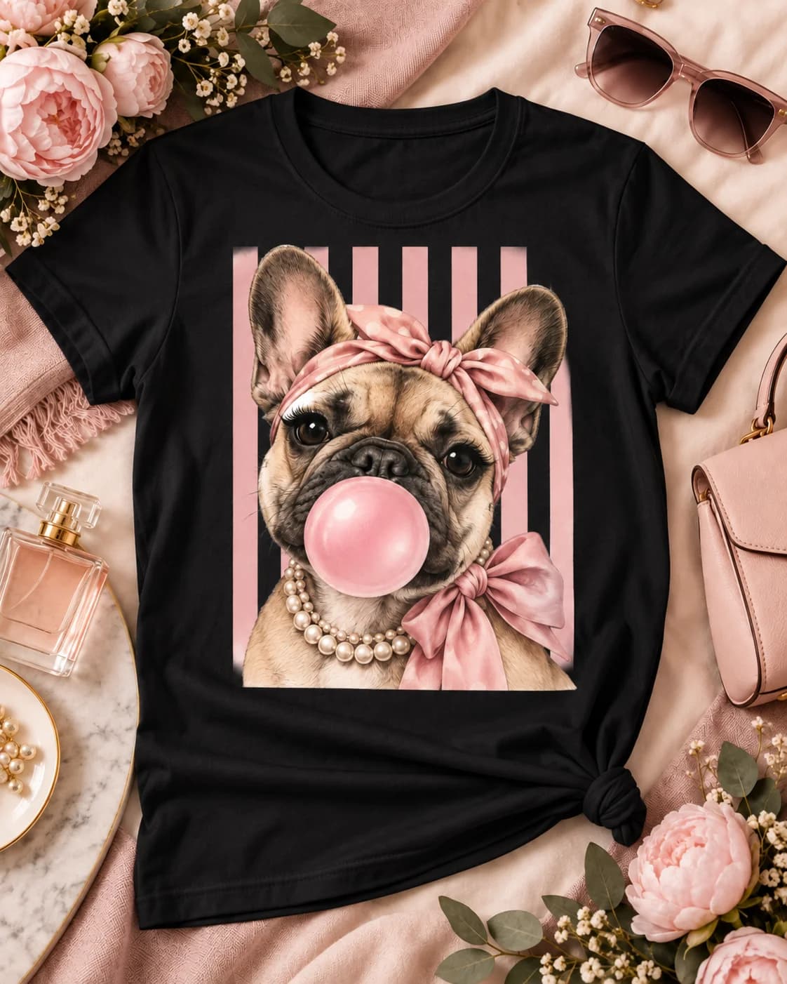 Polera negra Iconic Pets Bulldog Francés Bubblegum Mujer con estampado frontal grande en fotografía lifestyle