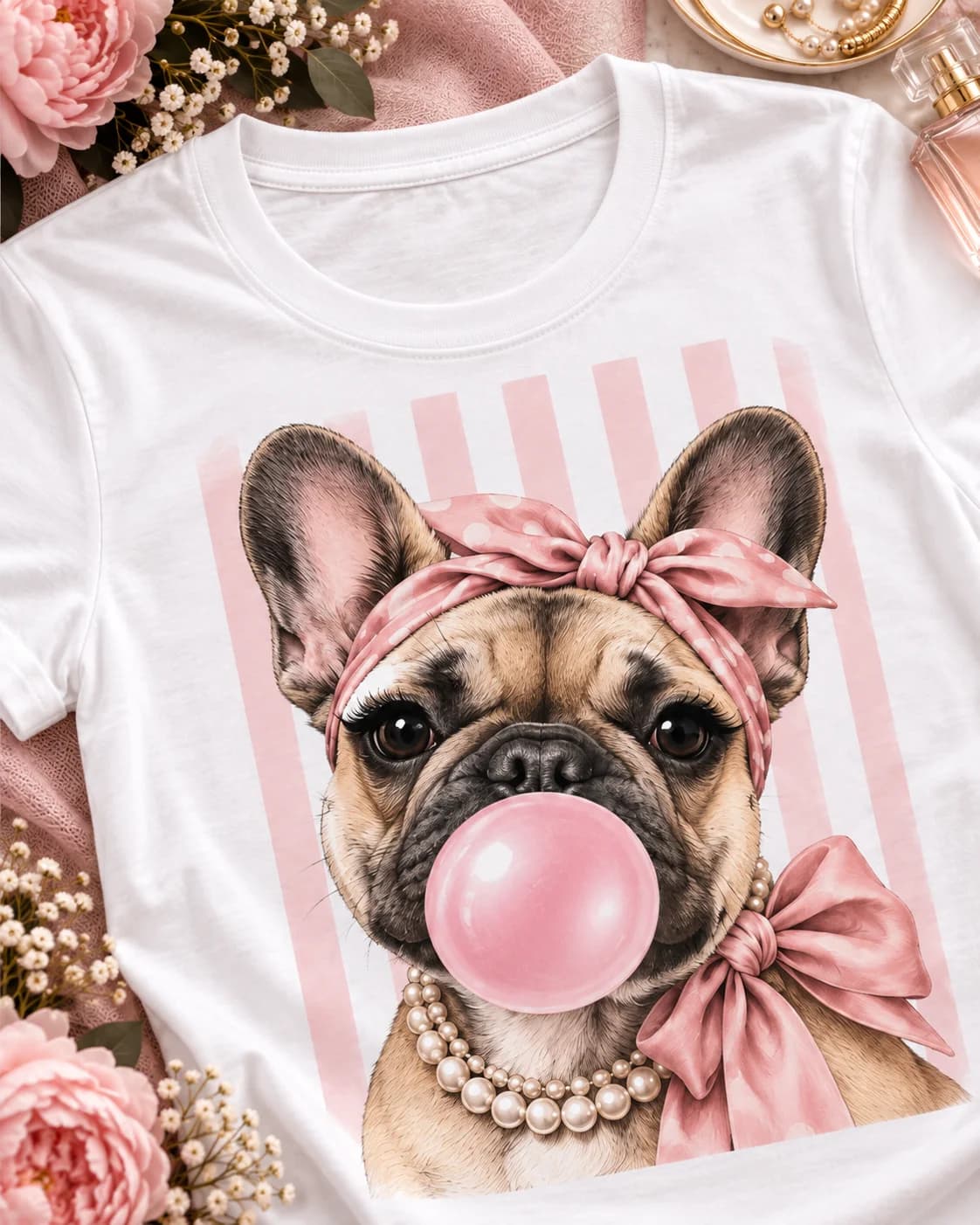 Detalle del estampado frontal Bulldog Francés Bubblegum Mujer sobre polera blanca Iconic Pets