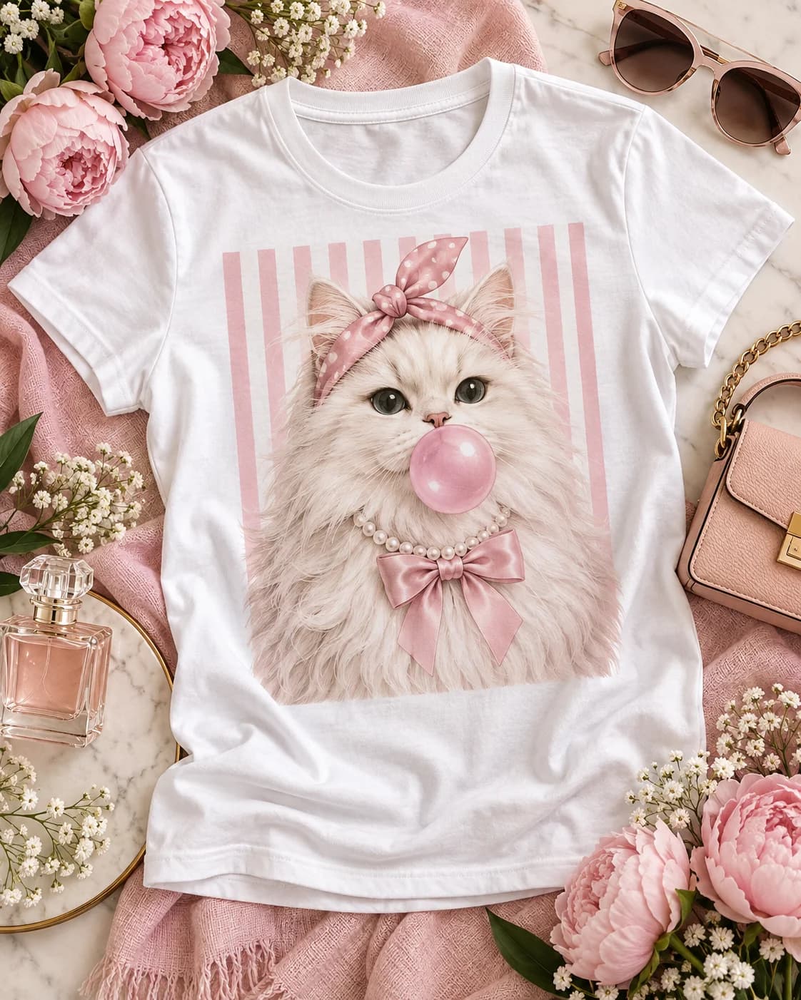 Polera blanca Iconic Pets Gato Bubblegum Rosa Mujer con estampado frontal grande en fotografía lifestyle