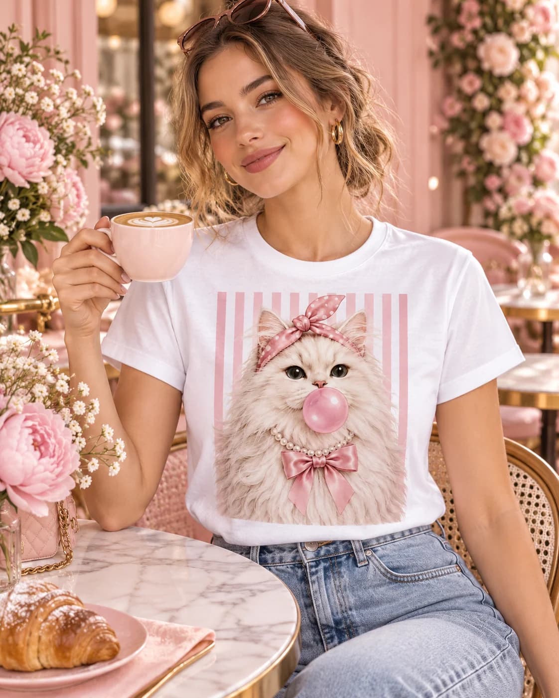 Modelo mujer usando polera blanca Iconic Pets Gato Bubblegum Rosa Mujer con estampado frontal grande