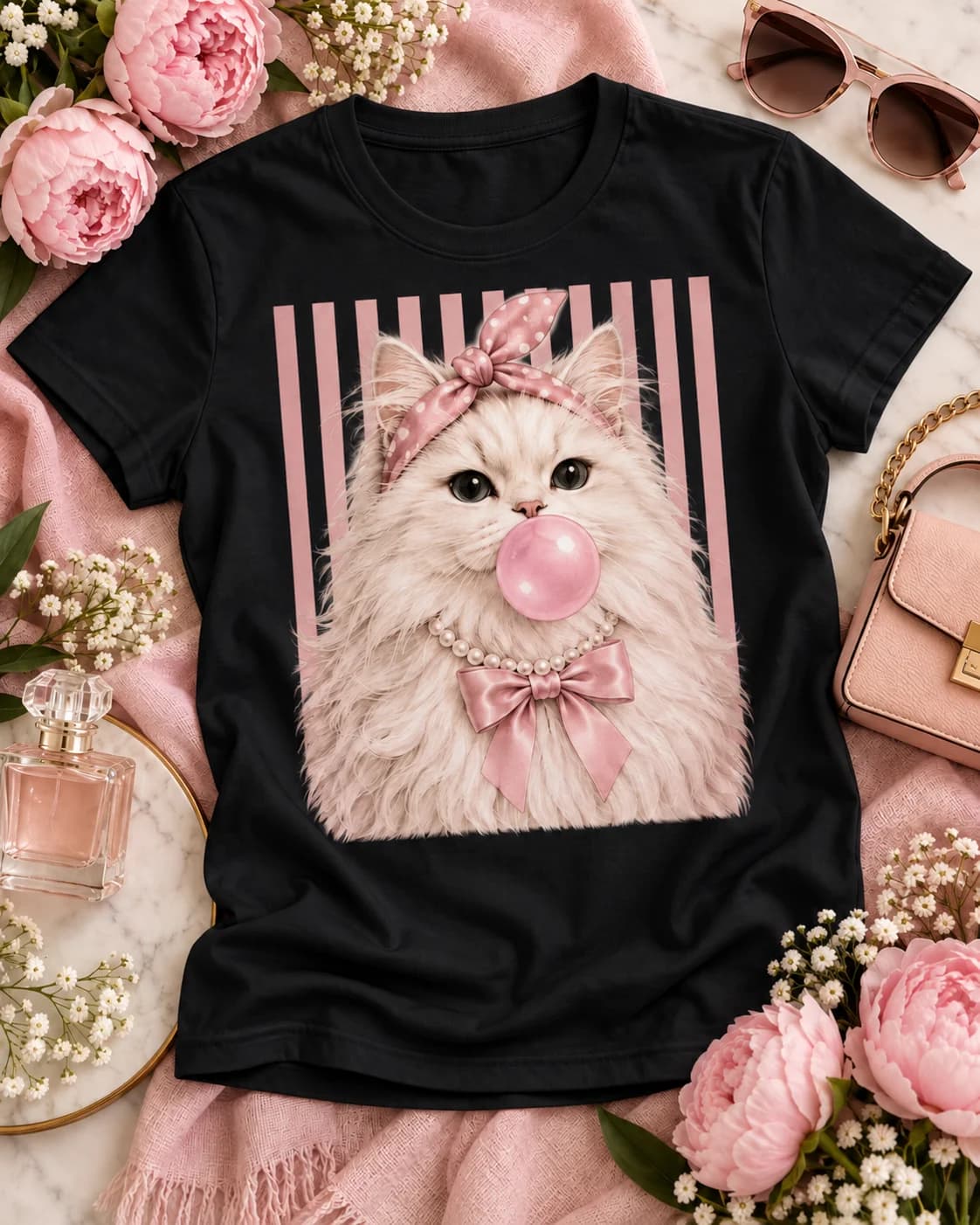 Polera negra Iconic Pets Gato Bubblegum Rosa Mujer con estampado frontal grande en fotografía lifestyle
