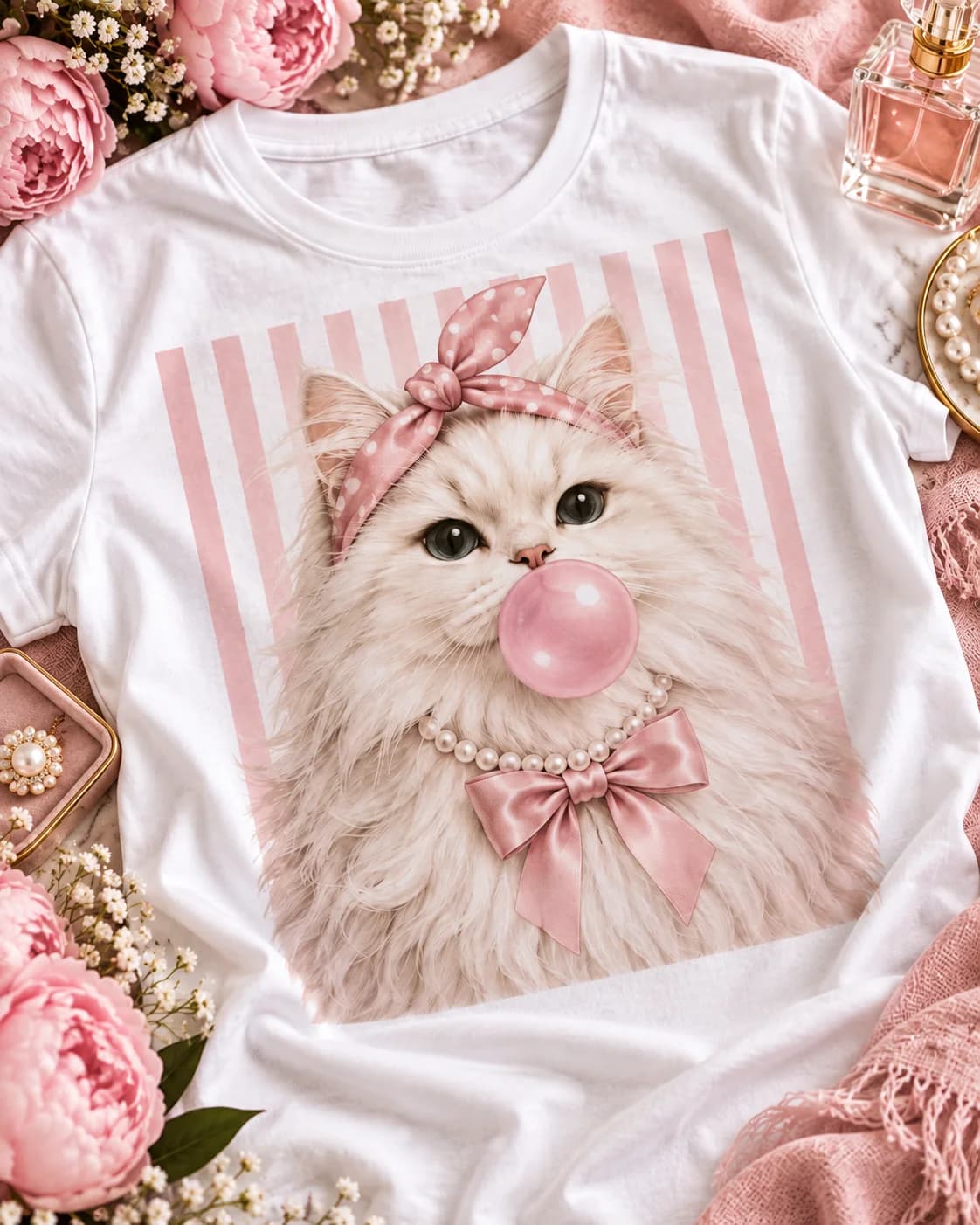 Detalle del estampado frontal Gato Bubblegum Rosa Mujer sobre polera blanca Iconic Pets