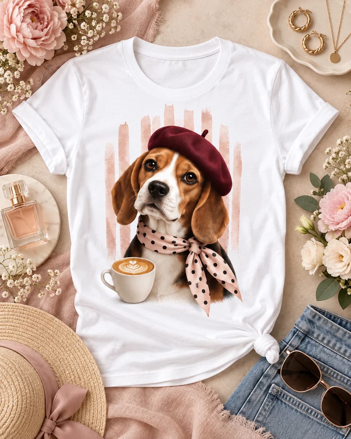 Polera blanca Iconic Pets Beagle Café con Boina Mujer con estampado frontal grande en fotografía lifestyle
