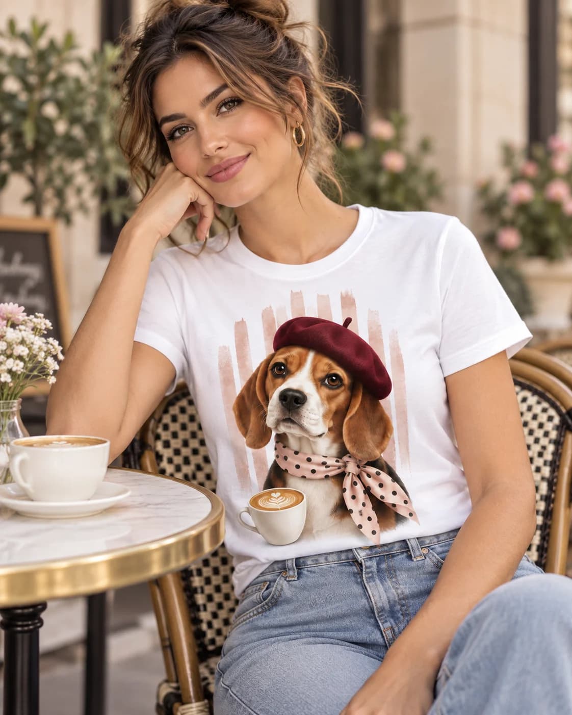 Modelo mujer usando polera blanca Iconic Pets Beagle Café con Boina Mujer con estampado frontal grande