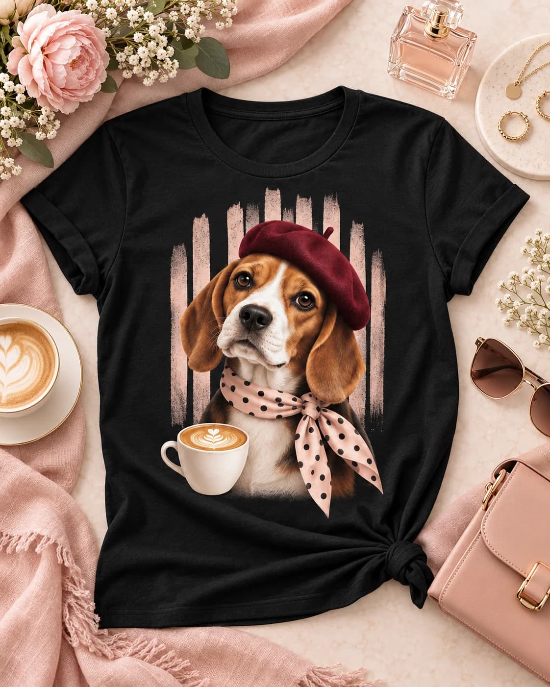 Polera negra Iconic Pets Beagle Café con Boina Mujer con estampado frontal grande en fotografía lifestyle