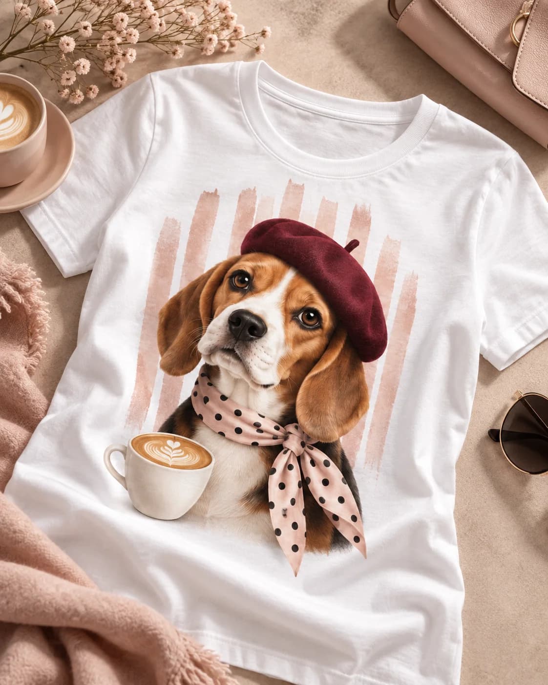 Detalle del estampado frontal Beagle Café con Boina Mujer sobre polera blanca Iconic Pets