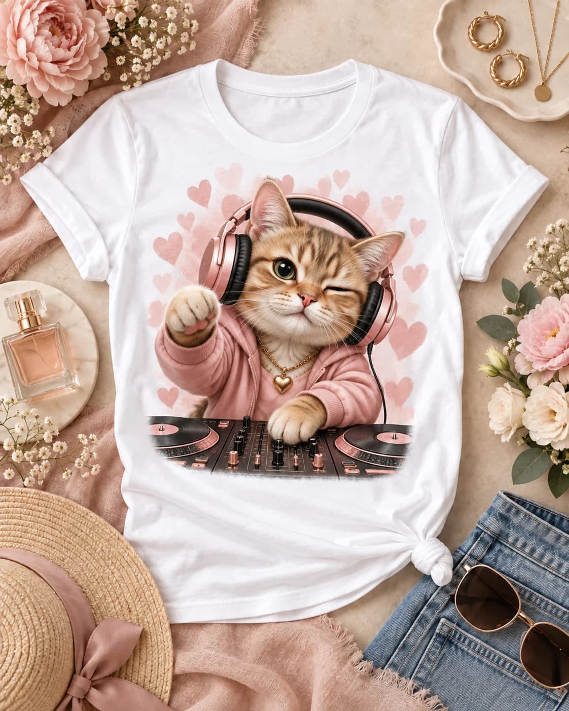 Polera blanca Iconic Pets Gato DJ Meow Mujer con estampado frontal grande en fotografía lifestyle