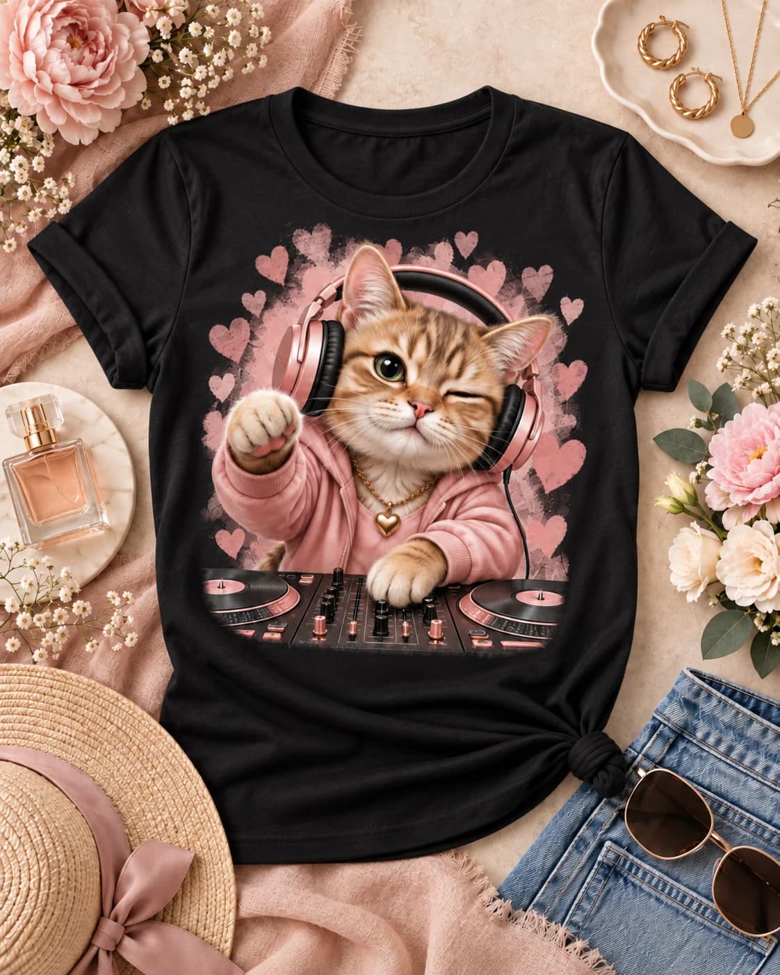 Polera negra Iconic Pets Gato DJ Meow Mujer con estampado frontal grande en fotografía lifestyle