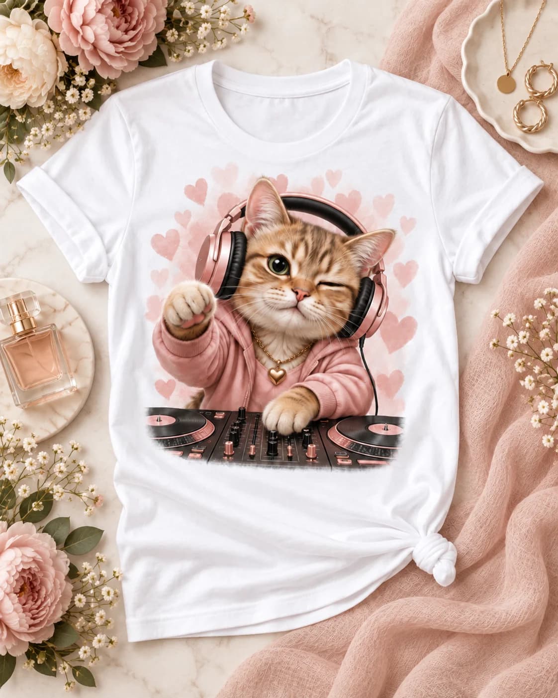 Detalle del estampado frontal Gato DJ Meow Mujer sobre polera blanca Iconic Pets