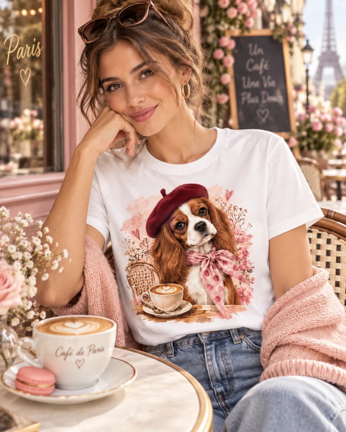 Modelo usando polera Iconic Pets Beagle Café con Boina con estampado frontal grande