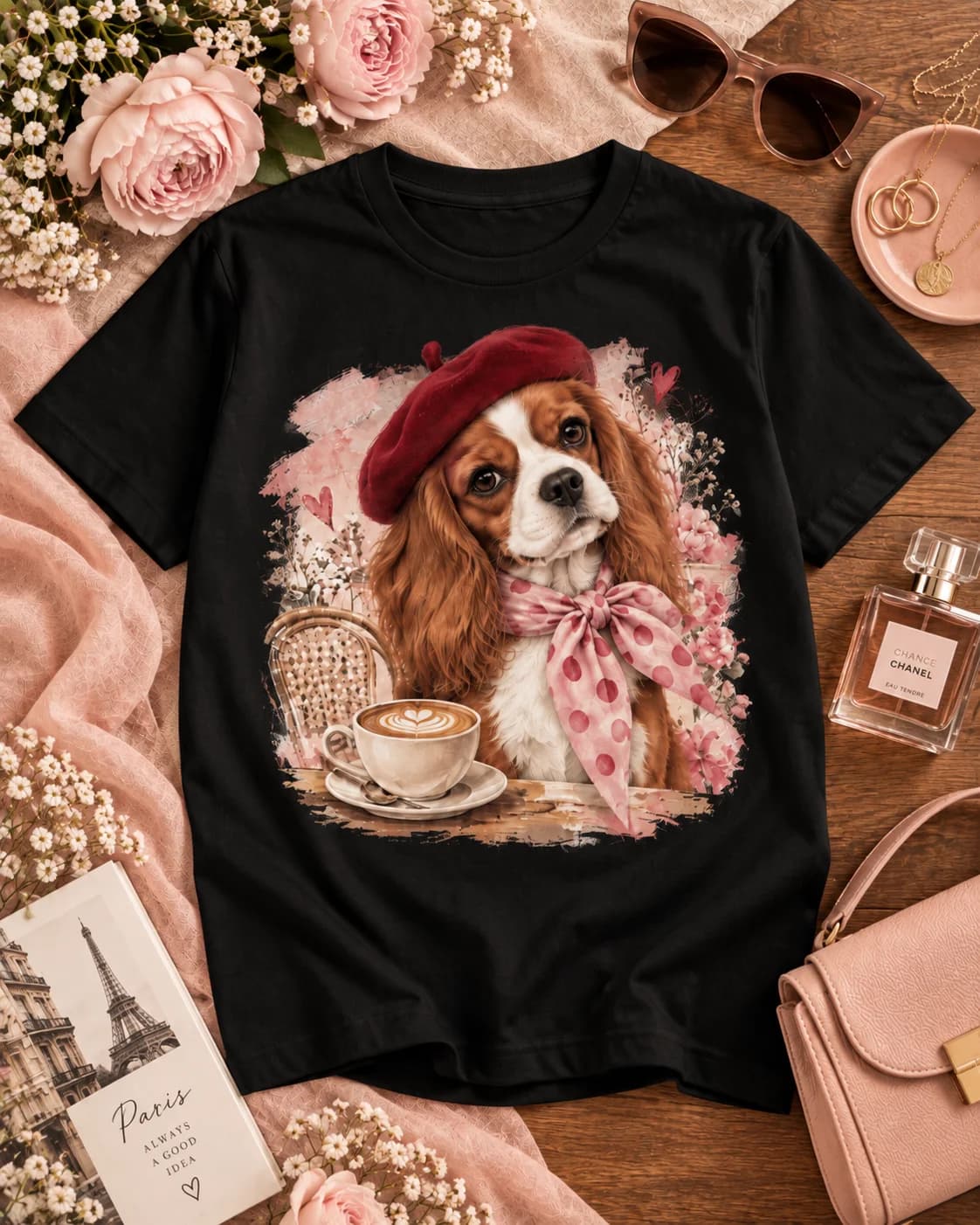 Polera negra Iconic Pets Beagle Café con Boina con estampado frontal grande en fotografía lifestyle