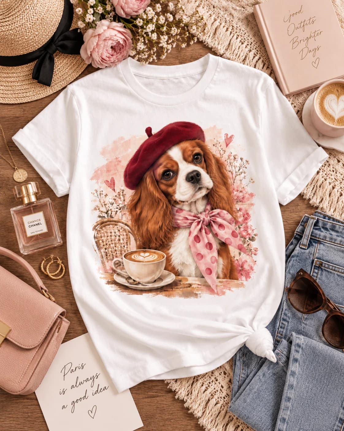 Detalle del estampado frontal Beagle Café con Boina sobre polera Iconic Pets