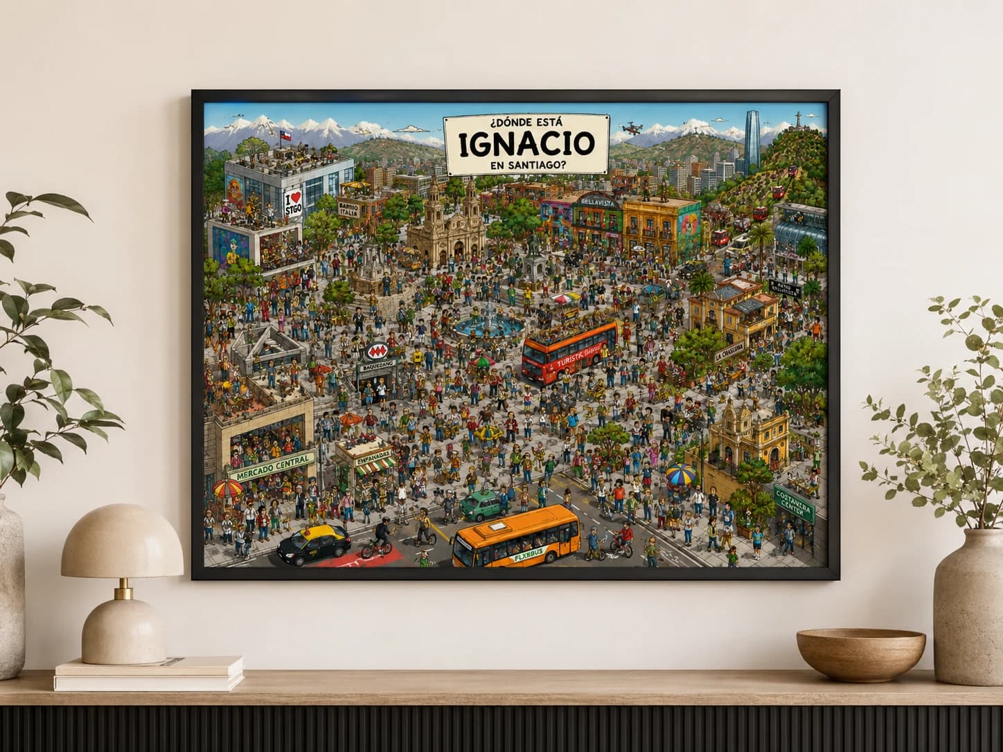 Lámina ¿Dónde está en Santiago? enmarcada y ambientada en un living